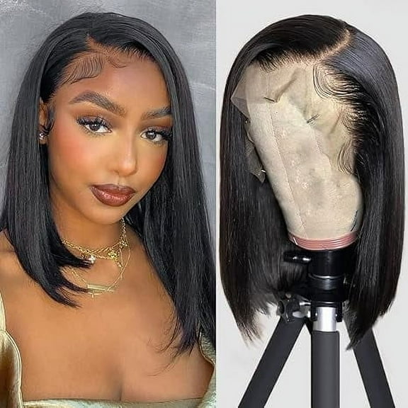 TTOhair 13x4 HD Frontal Lace, Glueless Lace Front, Pre-Plucked Short Straight Human Hair Wig, Black, 1