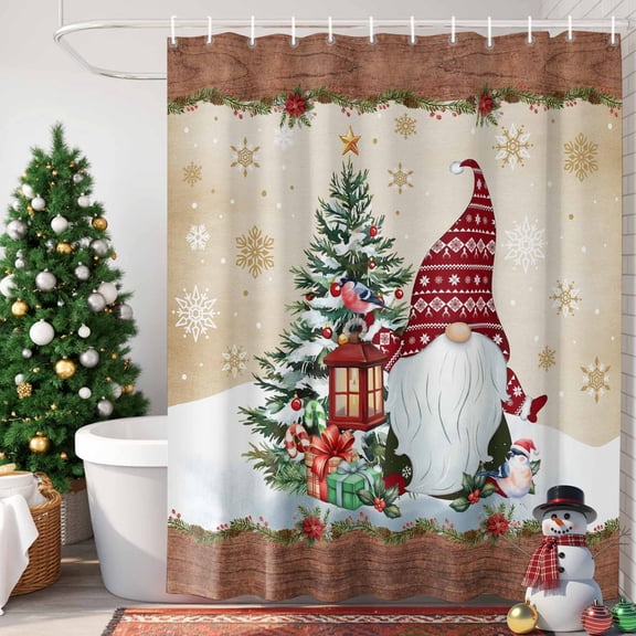 Christmas Shower Curtain, 36" x 72", Xmas Dwarfs Pine Tree Snowflakes Yellow Wood Grain Waterproof Bathroom Curtain Washable Shower Curtain Set with 12 Hooks