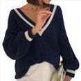 thumbnail image 1 of Suéteres de Cuello en V para Mujer, Jerseys de Punto Ligeros de Larga, Tops Azul Real Oscuro XL, 1 of 7