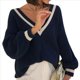 thumbnail image 1 of Suéteres de Cuello en V para Mujer, Jerseys de Punto Ligeros de Larga, Tops Azul Real Oscuro M, 1 of 7