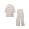 thumbnail image 2 of Conjunto de 2 piezas de verano para mujer HH TRAF, pantalones de mujer con cintura elástica y bolsillos laterales, blazer de rayas de mezcla de lino, 2 of 5