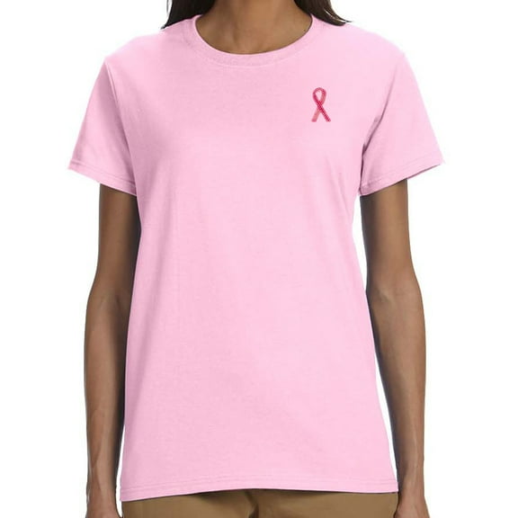 Womens Breast Cancer Sequin Ribbon Cotton Tee - Light Pink, Extra Small