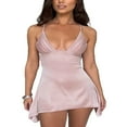 thumbnail image 3 of PENGXIANG Femmes Sexy Coupe Basse Tache Mini Robe en Satin Sans Manches Spaghetti Robe de Soirée Soyeuse Robe de Cocktail Club, 3 of 7