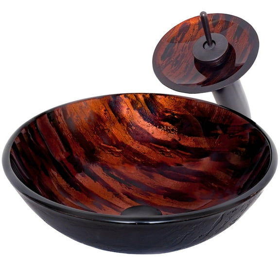 Novatto MIMETICA NSFC-025001ORB Brown/Copper Painted Glass Vessel Bathroom Sink Set w/ Faucet, Drain and Mounting Ring, Oil Rubbed Bronze