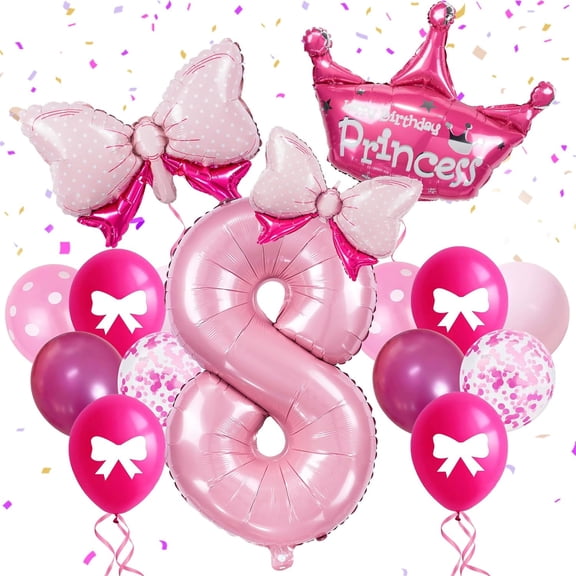 32-Inch Number 8 Balloon Set with Bows & Crown - Pink princess birthday party decorations for Girls, crown balloons, princess balloons, suitable for birthday decorations (8)