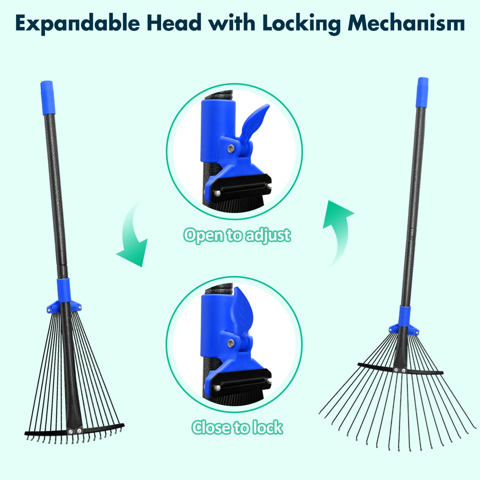 Garden Leaf Rake, head extends from 9.5''-17'', collapsible lawn rake with 58-inch adjustable splice handle, heavy-duty metal rake for lawns, flower beds