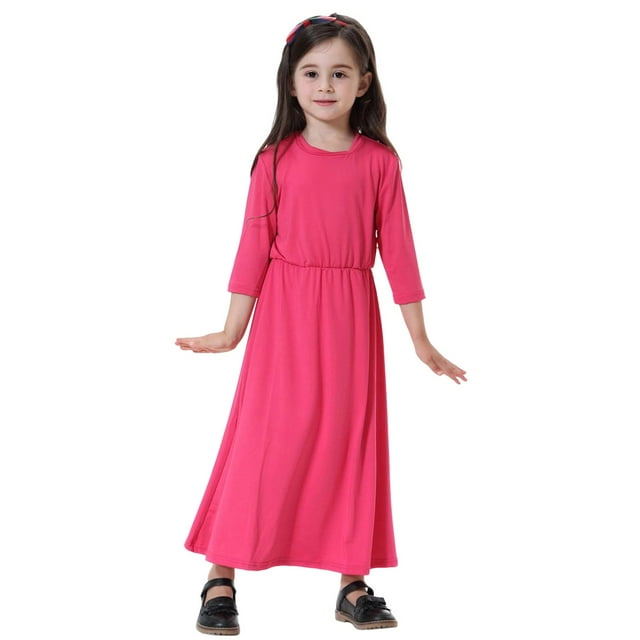 Rhuody Robe d'Été pour Fille Robe Maxi à Manches Longues Couleur Unie Col Rond Robe Soleil Tenue Tendance Rose 18-24 Mois