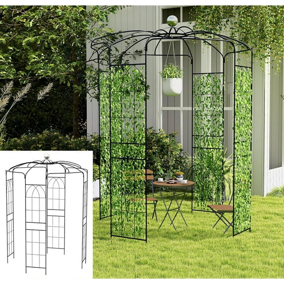 Moccha Birdcage Shape Gazebo, 9.4' H x 6.8' W Pergola Pavilion Arbor for Climbing Plants, French Style Arch Trellis with 8 Ground Stakes, Outdoor Metal Garden Arch for Wedding Party Decoration, Black