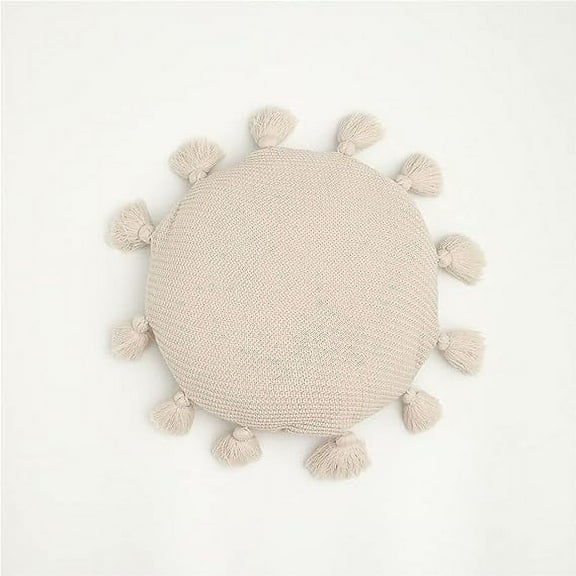 Namzi Decorative Round Fringe Throw Pillow with Inserts Woven Textured Throw Pillows for Bedroom Living Room Sofa Couch Balcony (Beige, Diameter 16")