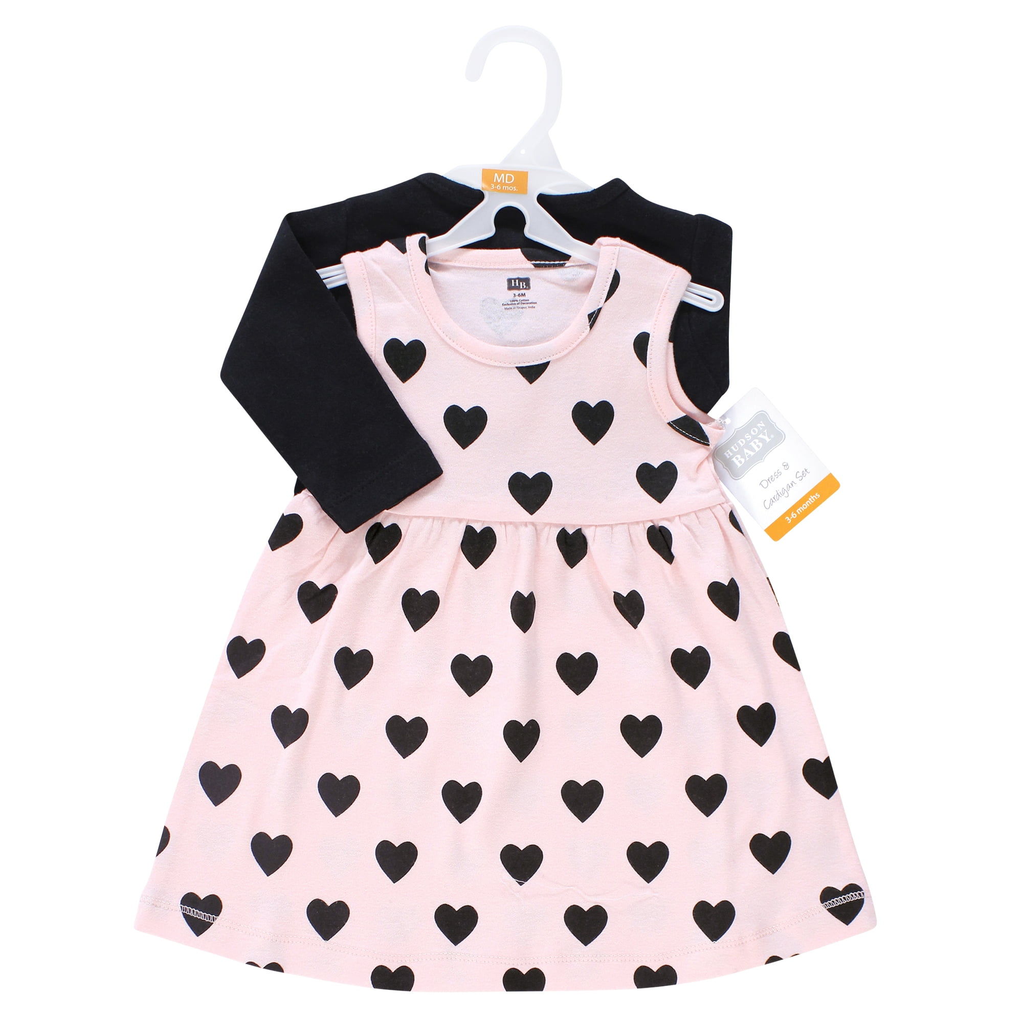 Hudson Baby Infant and Toddler Girls Cotton Dress and Cardigan Set, Pink Black Heart, 18-24 Months