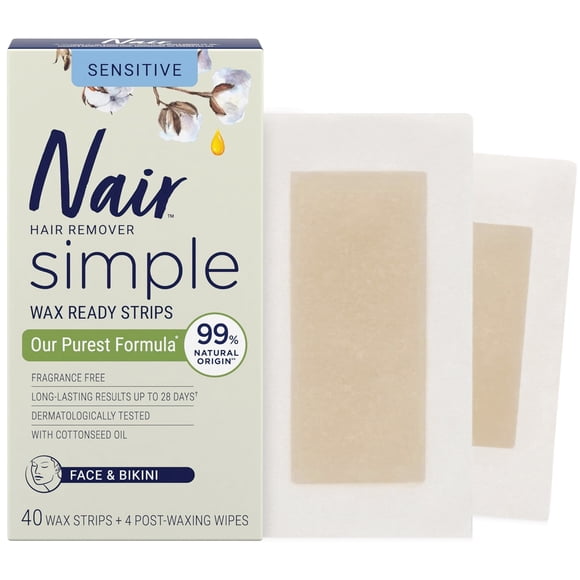Nair Simple Wax Strips for Face & Bikini, with Cotton Seed Oil for Sensitive Skin, Dematologically Tested, 40 Wax Strips + 4 Post-Waxing Wipes