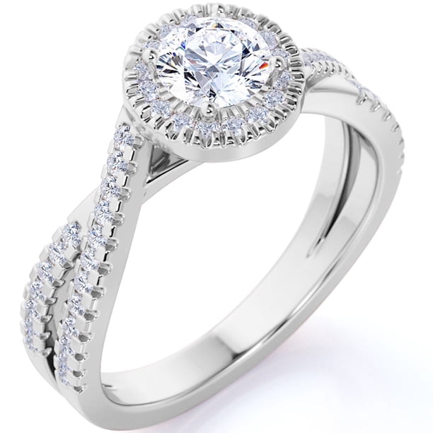 JeenMata Anillo de Compromiso de Moissanita de Corte Redondo de 1 Quilate en Oro Blanco de 18 K sobre Plata