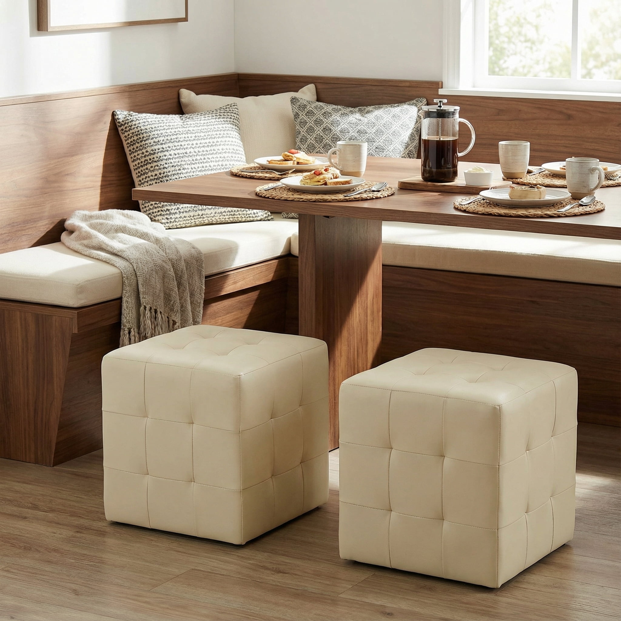 Cortesi Home Braque  Tufted Cube Ottoman in Ivory Faux Leather