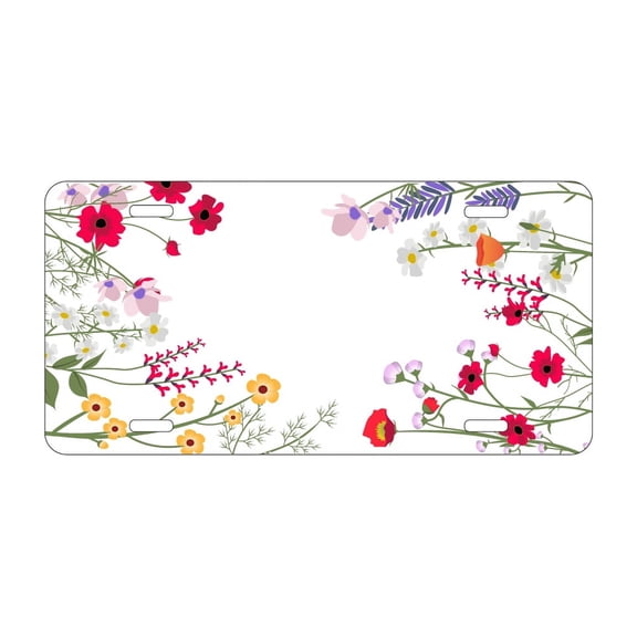 DistinctInk Custom Aluminum Vanity License Plate for Front of Car - Wildflowers Border Blue Pink Purple
