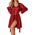 thumbnail image 1 of Women's 3pcs Satin Pajamas Set Cami Top and Shorts Sleepwear PJs Set with Robe,Burgundy, 1 of 5