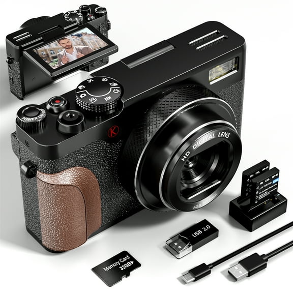NBD 56MP 4K Autofocus Digital Camera with 180° Flip Screen, 18X Zoom, Anti-Shake, and Fill Light – Compact Vlogging and Travel Camera with 3-Inch Screen, 32GB SD Card, and 2 Batteries