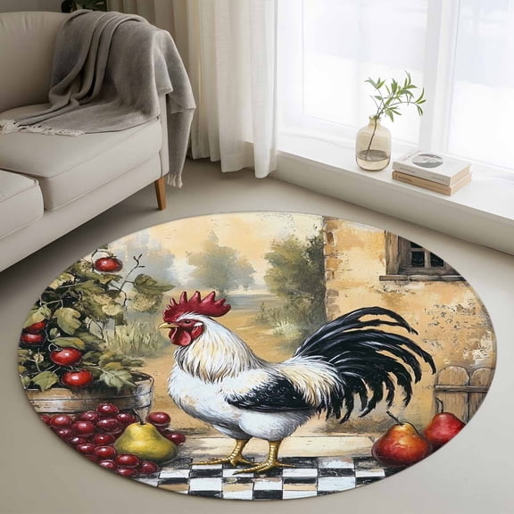 Vintage Rooster Round Rug 3.3ft Washable Circle Entryway Rugs Non Slip Pastoral Animals Plaid Area Rug Indoor Floor Carpet for Bedroom Kitchen Living Room Home Office Dining Room Nursery