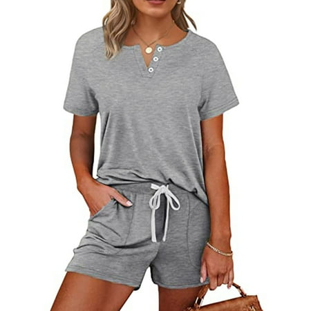 

Women’s Two Piece Pajama Set Long Sleeves Solid Pjs Drawstring Belt Sleepwear Shorts Loungwear
