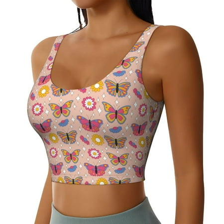 JUNZAN colorful Butterfly Daisy Print Women s Workout Tank Tops - U Back Fitness Top with Built-In Shelf Bra  Perfect for Yoga and Gym-Large