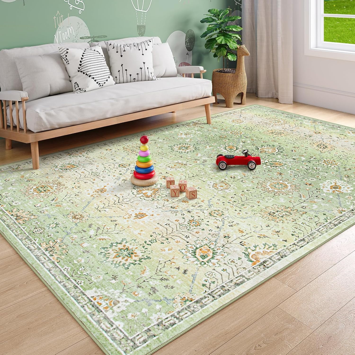 Wonnitar 8'x10' Green Boho Area Rug, 8x10ft Rugs for Bedroom Girls Large Living Room Area Rugs Soft Floral Playroom Rug, Washable Rugs Non Slip Pastel Rug for Bedroom Living Room Carpet