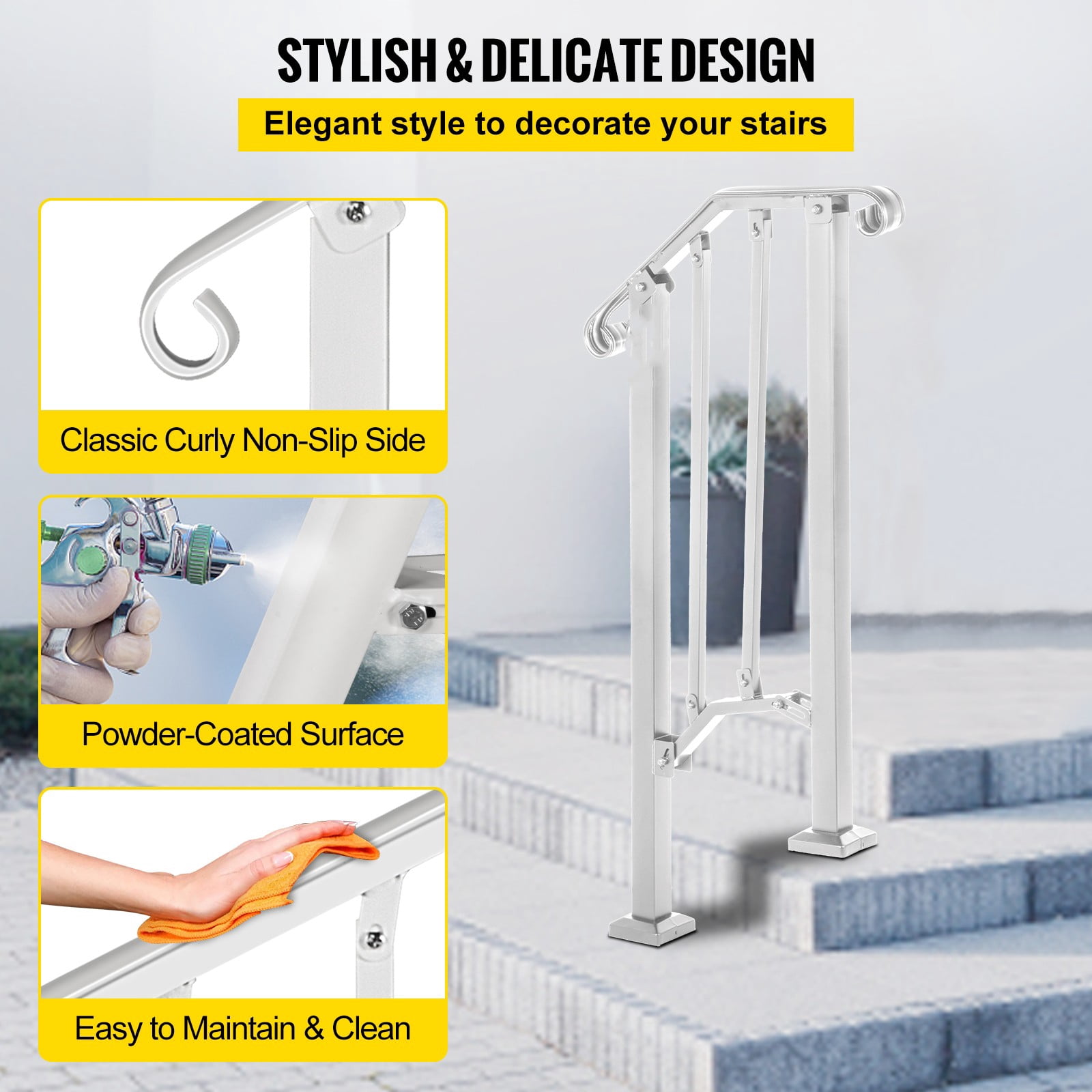 BENTISM Wrought Iron Handrail Fits 1 or 2 Steps for Outdoor Steps Railing White