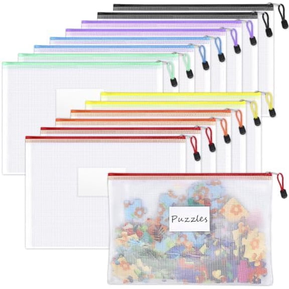 14 Pack Mesh Zipper Pouch Bags, A4 Letter Size, Zipper Bags with Label Pocket, Waterproof Pouches for Classroom Organization, Board Game Storage, Document Bag for Teacher School Office Supplies