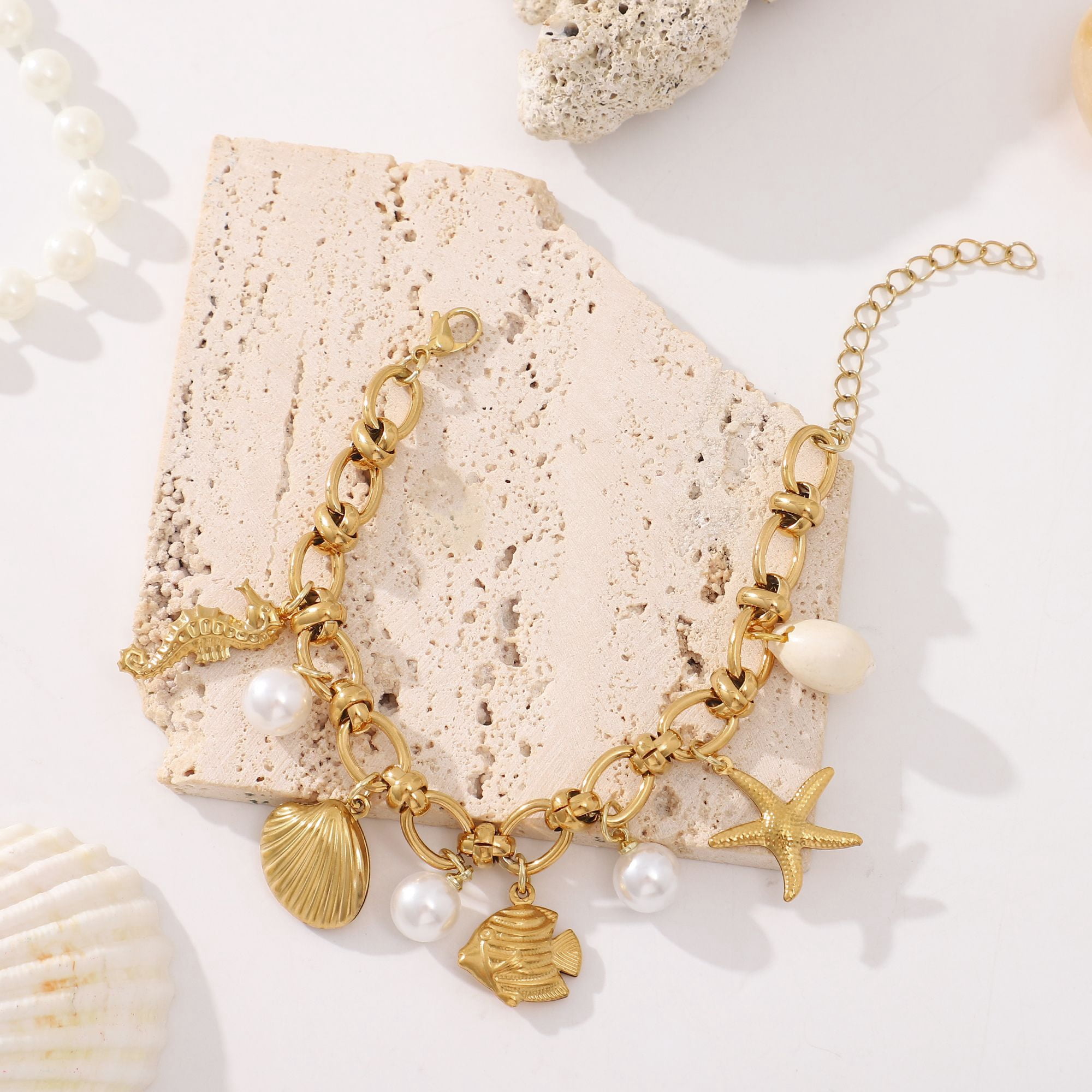 Seashell Charm Bracelet for Women by Ginger Lyne Gold Plated Stainless Steel Pearls Starfish and Shells
