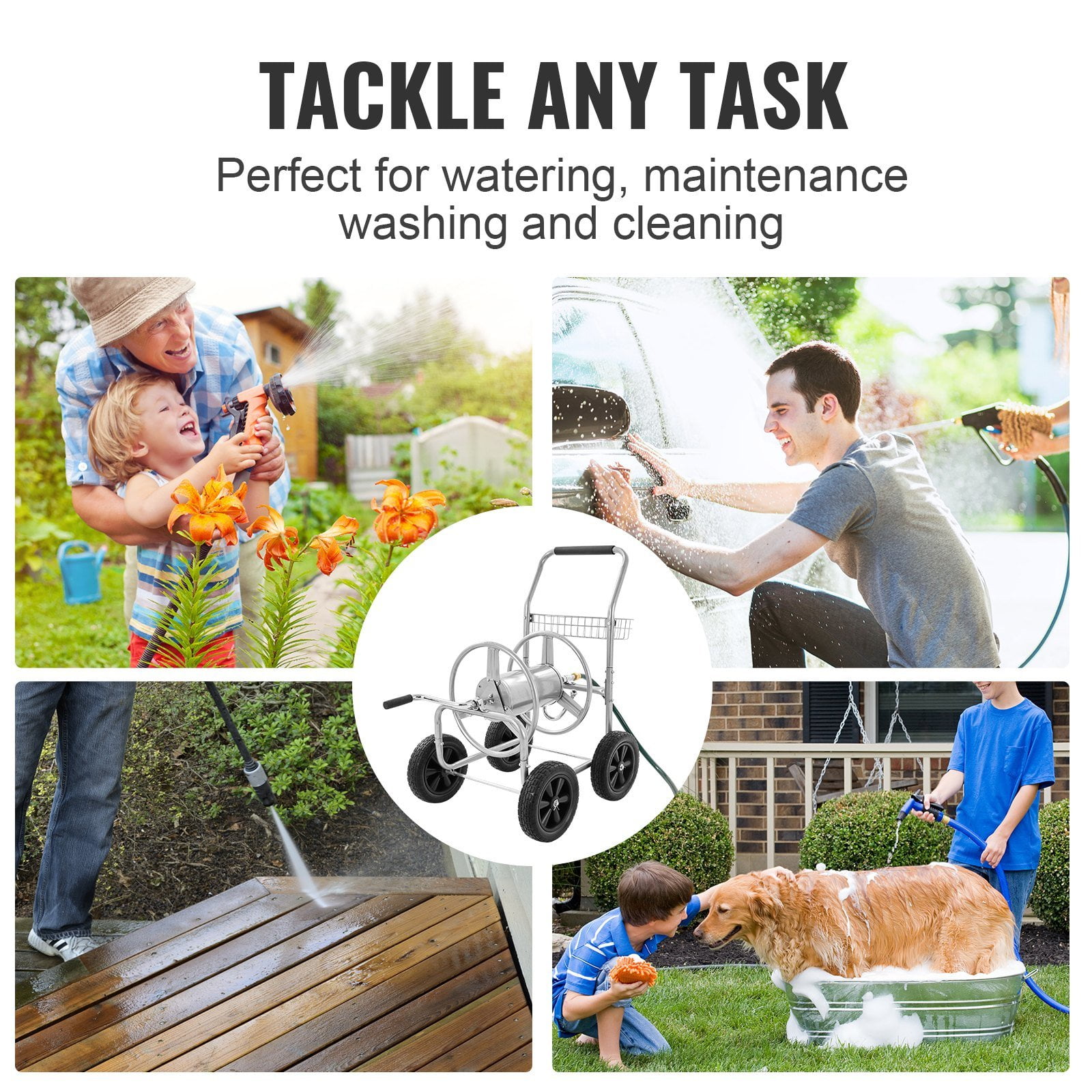 Hose Reel Cart with Storage Basket, Holds 250ft of 5/8" Garden Hose, Heavy Duty Steel Mobile Water Hose Carts with 4 Wheels for Lawn, Yard & Garden Outdoor Use