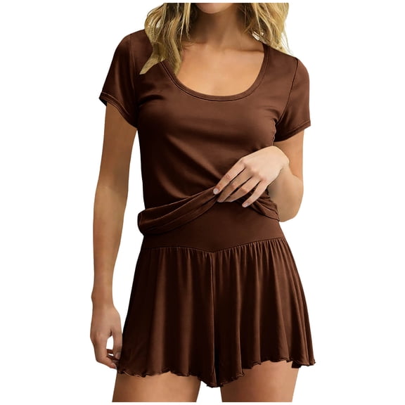 Purcolt Womens Comfortable Modal Pajama Sets Summer Casual 2 Piece Pj Sets Crew Neck Short Sleeve with Wid Leg Shorts Lounge Sets Sleepwear