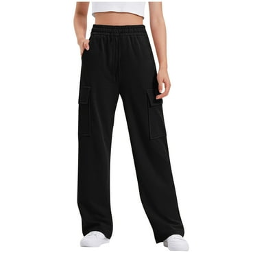 POIUYTR Girls Cargo Sweatpants Cozy Wide Leg Athletic Pants High Waisted Casual Baggy Joggers with Pockets for Kids Teen Girls 4-16Y