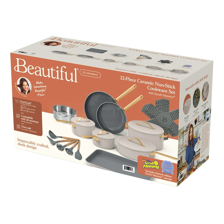 Beautiful 12pc Ceramic Non-Stick Cookware Set, Porcini Taupe By Drew Barrymore