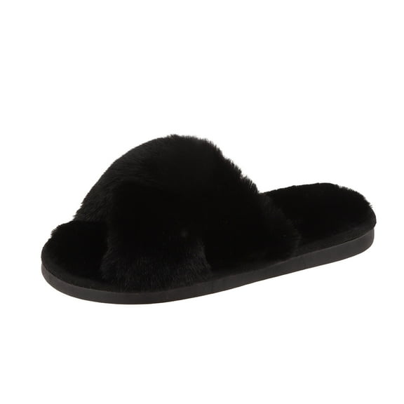 Women's Elegant Cross-Band Faux Fur Slippers with Sole & Anti-Slip TPR Outsole