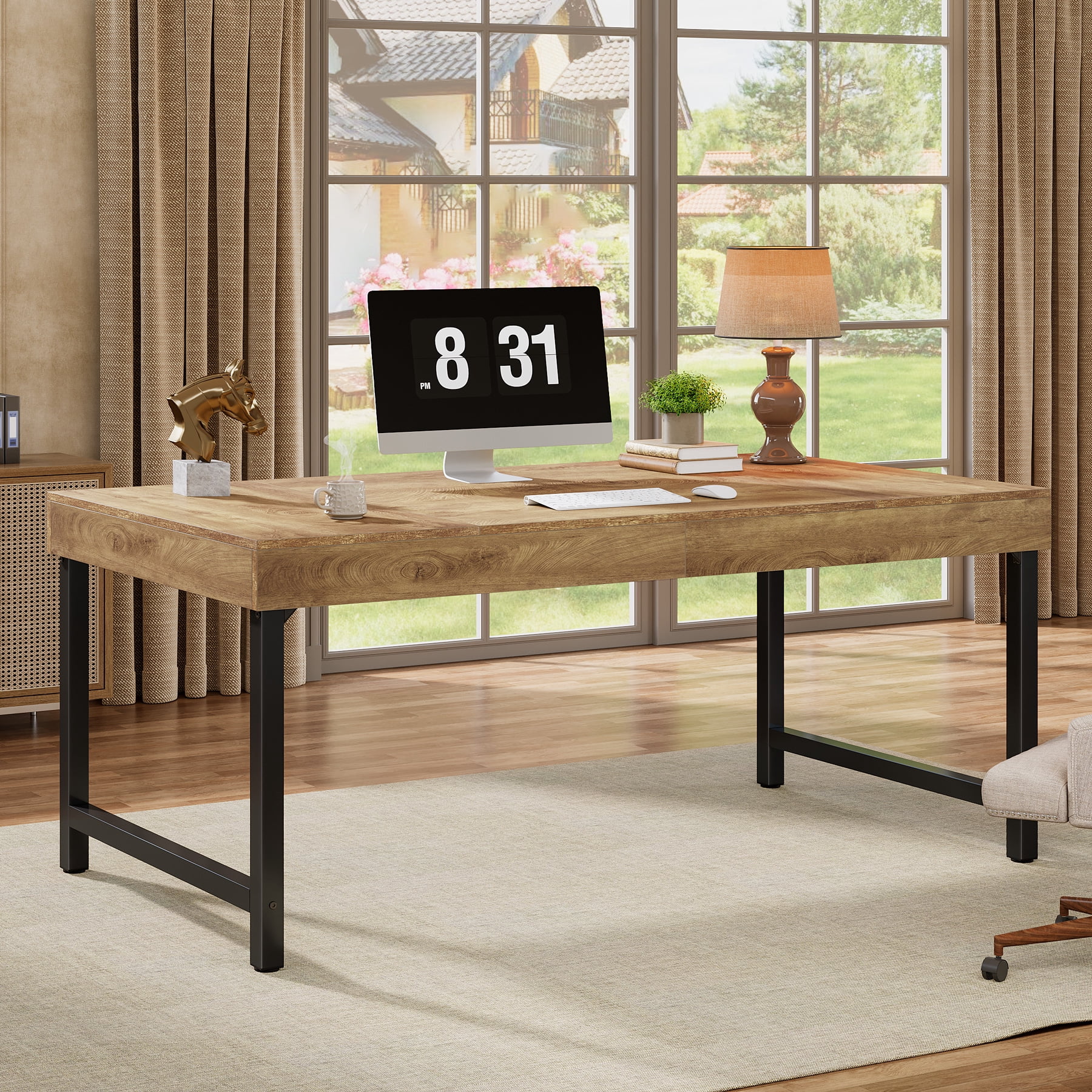 Finmind 55" Rustic Industrial Executive Office Desk, Simple, Strong Metal Framed Writing & Laptop Table, Multi-purpose Home & Business Workstation