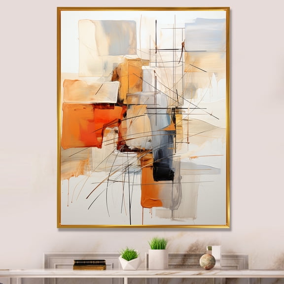 Designart "Orange Grey Line Art modern Expressionism" Abstract Floater Framed Wall Decor