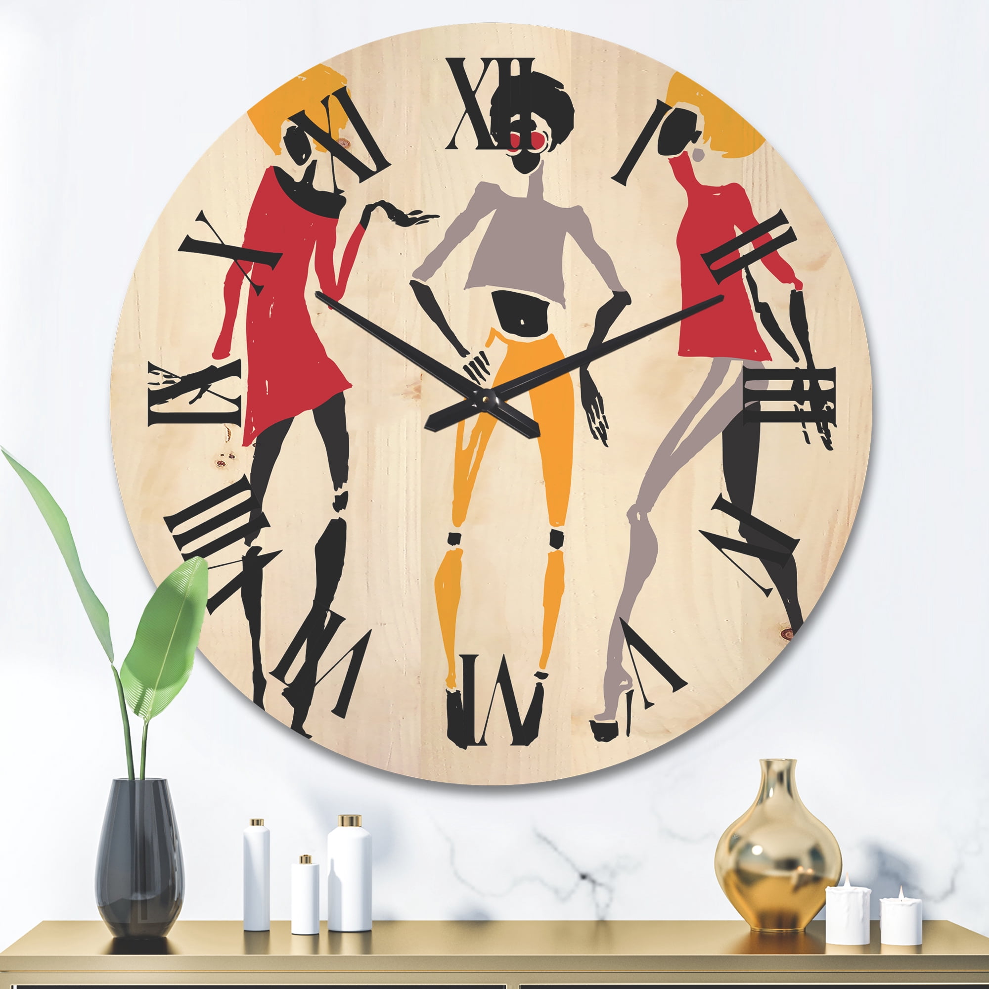 Designart 'African American Women Silhouettes Red and Yellow I' Modern Wood Wall Clock