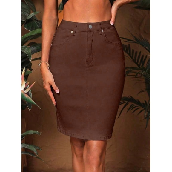 Brown Womens Casual Pencil Denim Skirt With Button Closure And Front Pockets
