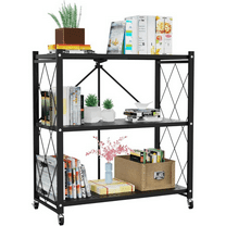 3-Tier Foldable Storage Shelf with Wheels - Metal Collapsible Shelving Unit Display, Rolling Cart for Books Kitchen Storage Shelves, Pantry & Closet Organizer, Office Room Decor - Black