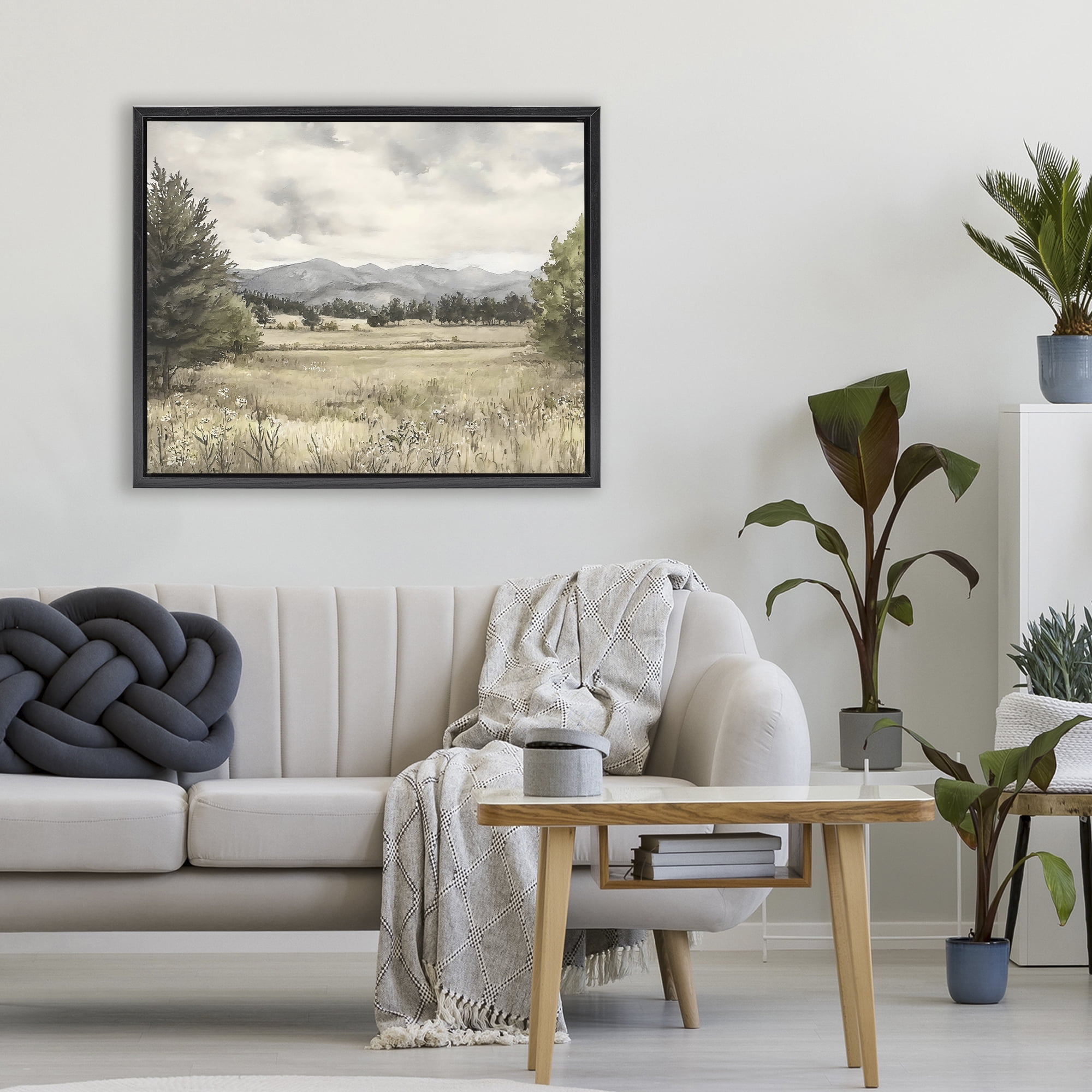 Stupell Industries Muted Mountain Meadow Black Framed Floater Canvas Wall Art, design by Riley B