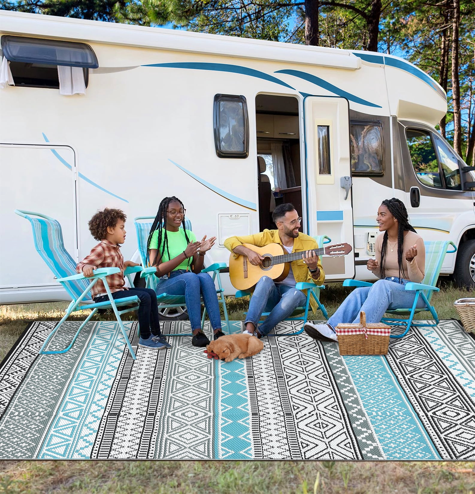 COZONY 9x12 ft Outdoor Rug, Reversible Waterproof Patio Mat, UV & Stain Resistant, Foldable for Garden, Campsite, Blue/Gray/Black/White