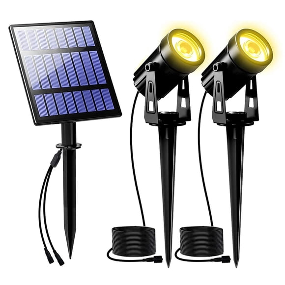 T-SUNUS Projecteurs Solaires de Paysage 2W Blanc Chaud, Spots Extérieurs 9.8 Pieds Câble IP65 Lampes de Sécurité Étanches, Double Tête Downlight pour Drapeau Arbre Garage Terrasse Jardin Mur Arrière-Cour
