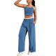 thumbnail image 4 of Conjunto de chándal para mujer ATHLECHIC, camisetas de tirantes tipo crop y pantalones rectos en gris y azul, 4 of 5