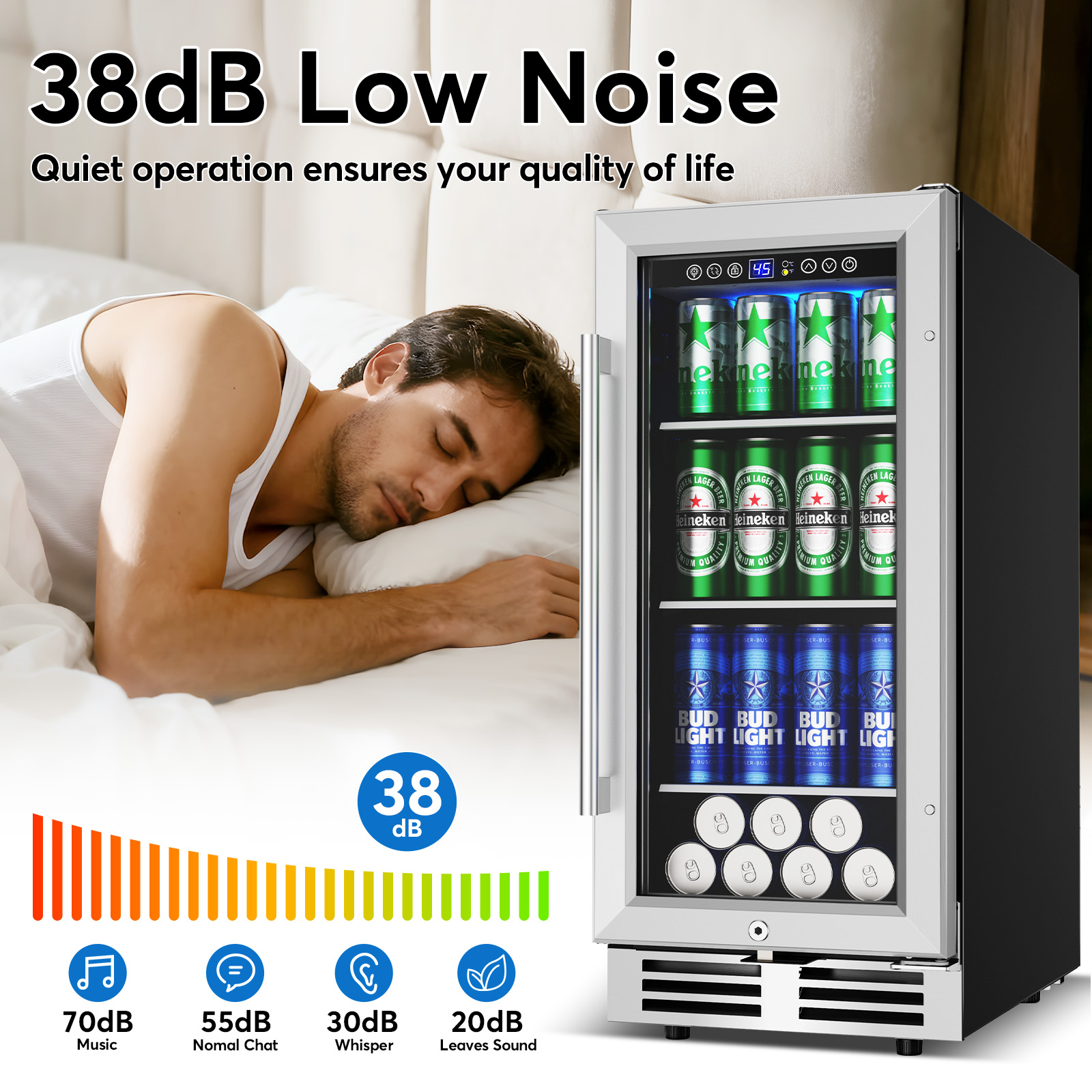 TITTLA 15 Inch Beverage Refrigerator,130 Can Built-in Beverage Cooler,Built-In or Freestanding Cooler for Home Bar Office