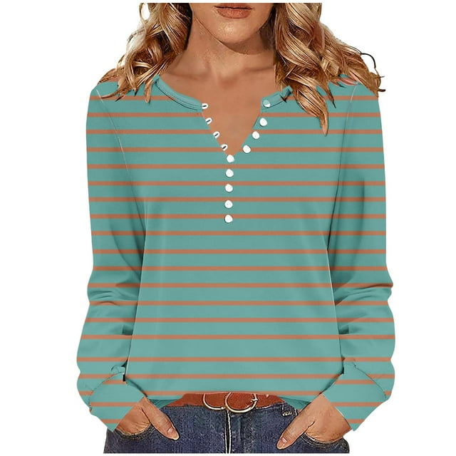 Women's Pullover Top Winter Stripe Print V Neck with Open Button,Womens Winter Tops