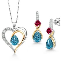 Gem Stone King 925 Sterling Silver and 10K Yellow Gold London Blue Topaz Red Created Ruby and White Lab Grown Diamond Pendant Necklace Earrings Set for Women (4.33 Cttw, with 18 inch Chain)
