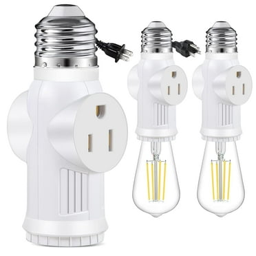 Fixdono 3 Prong E26 Light Socket to Plug Adapter, Heat Resistant Light Socket 2/3 Prong Outlet Light Bulb Plug Splitter Converter for Garage Porch, 2 Pack