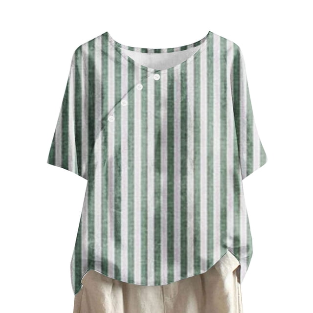 ameIAEA Women Short Sleeve Striped Shirts Round Neck Loose Tunic Tops Summer Button Blouses
