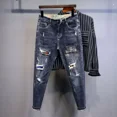 thumbnail image 2 of Pantalones vaqueros ajustados para hombre, pantalones ajustados para hombre, ajustados, con estampado de agujeros, con diamantes de imitación rotos, de algodón rasgado, 2 of 4