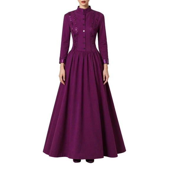 HXWCHs Women's Gothic Dress Solid Color Slim Waist Retro Victorian Evening Gown Purple XL