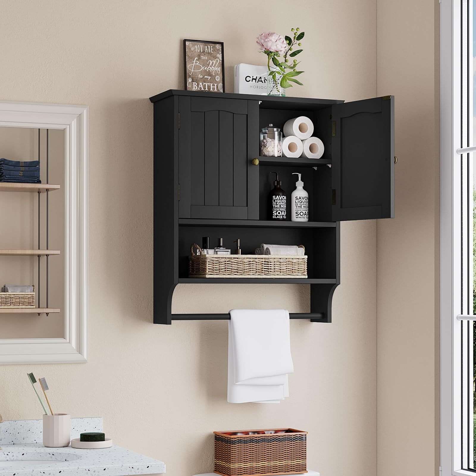 Algherohein Bathroom Medicine Cabinet with Shelf and Towels Bar,Over the Toilet Storage Wall Cabinet,Black Large