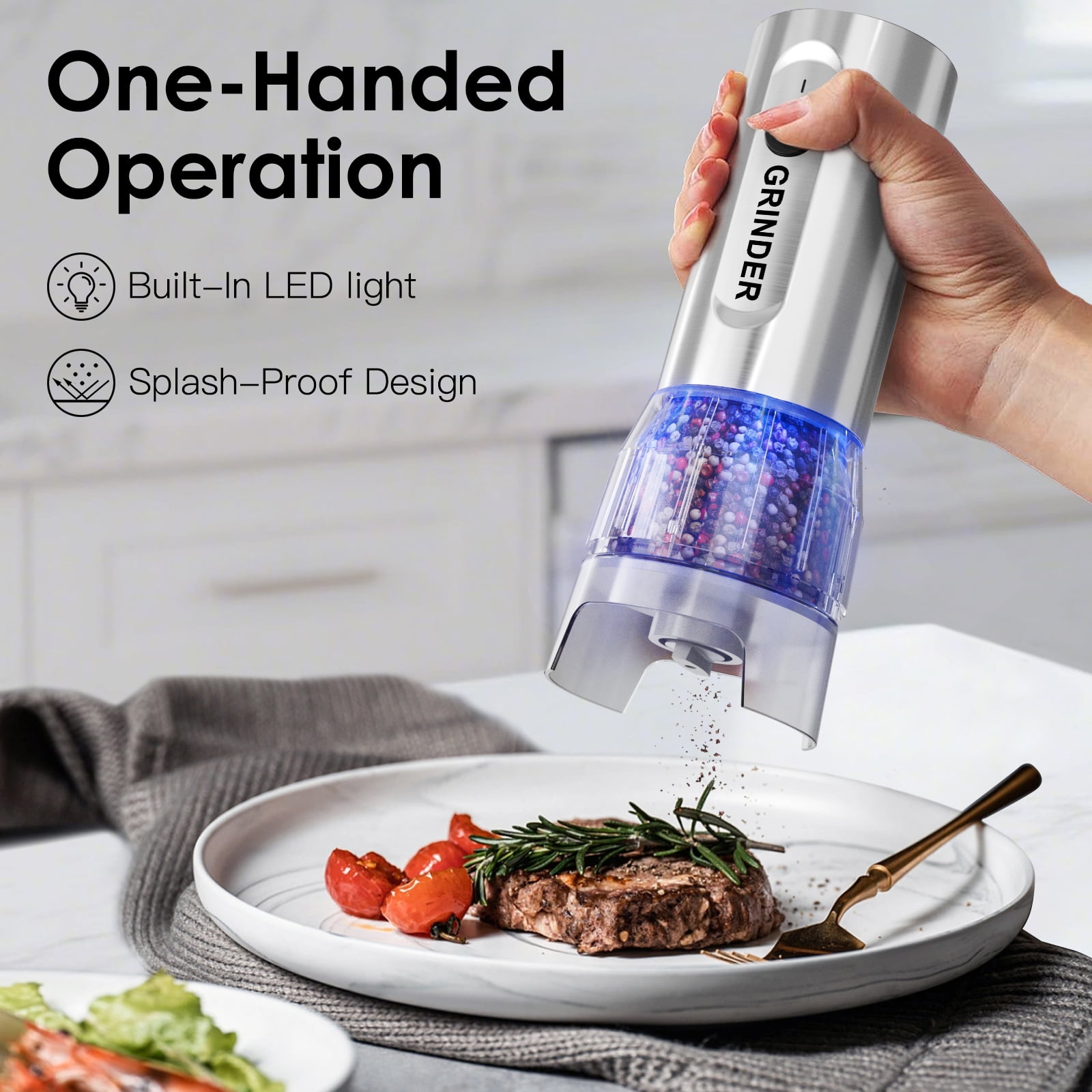 LUXEAR Electric Salt and Pepper Grinder Set, Type-C 1000mAh Rechargeable Stainless Steel Automatic Grinder, Stepless Ceramic Grinding, 2 x 100ml Food-grade Bins, Built-in LED Light, Kitchen Essential